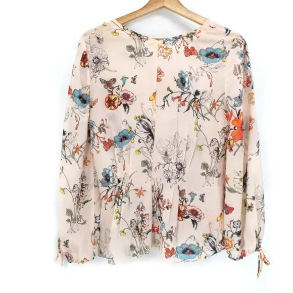 Rebecca Taylor 100%Silk Long Tie Sleeve Meadow Floral Top Pink Combo V-neck 2 - Picture 6 of 15